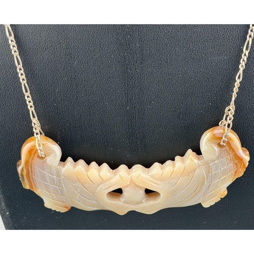 Vintage Nephrite Jade Double Phoenix Pendant Necklace 925 Sterling 19" Chain